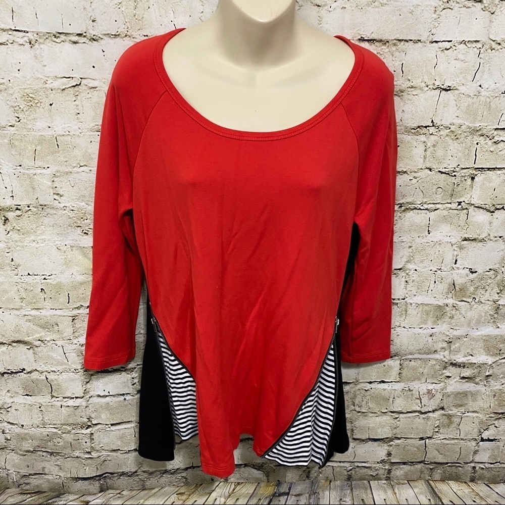 Lynn Ritchie Orange Exposed Zipper 3/4 Sleeve Top